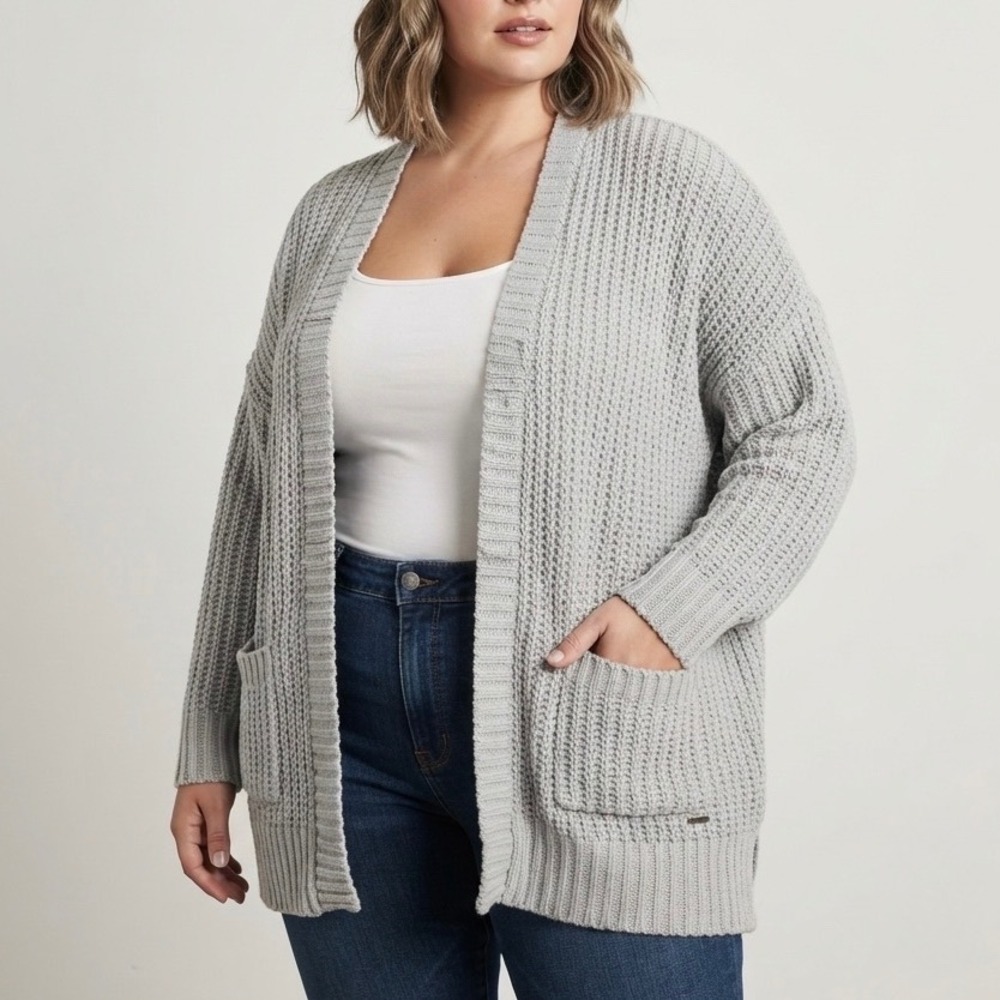 Hollister Grey Chenille Chunky Knit Open Front Cardigan Sweater Womens M/L